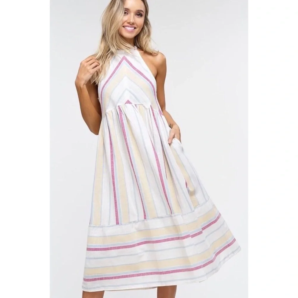 Ivory Multi Color Striped Woven High Neck Dress